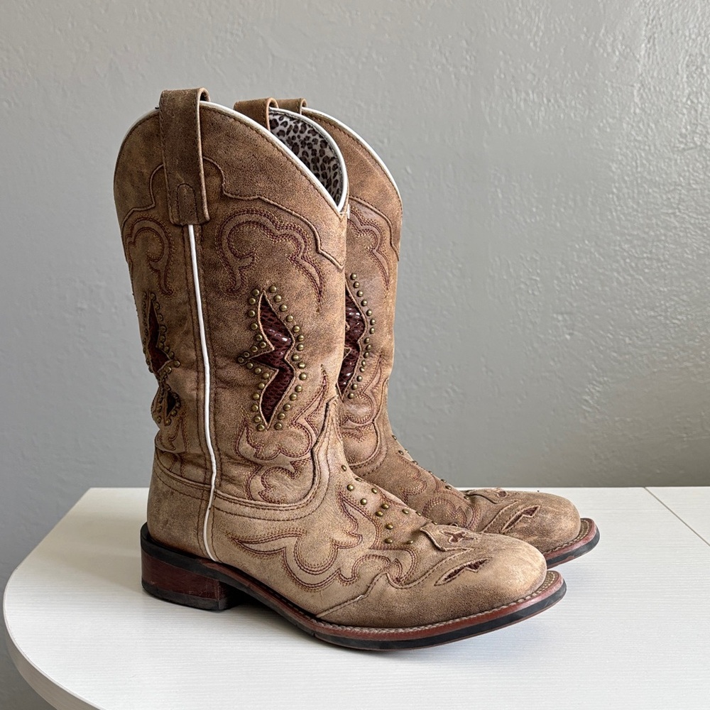 Laredo Tan Suede Western Cowboy Boots with Red Accents